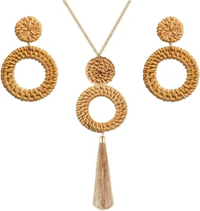 Long Necklaces for Women Handmade Rattan Pendant Necklace Earrings Set Boho Frin - Picture 1 of 9