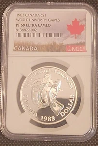 1983 NGC PF69 Ultra Cameo Canada $1 Silver World University Games Proof Coin UC - Picture 1 of 4