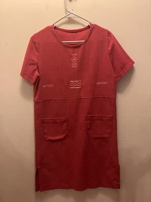 Handmade Shift Dress M/L Red Wool Linen Like Pockets Tribal Round Neck READ - Image 1 of 4