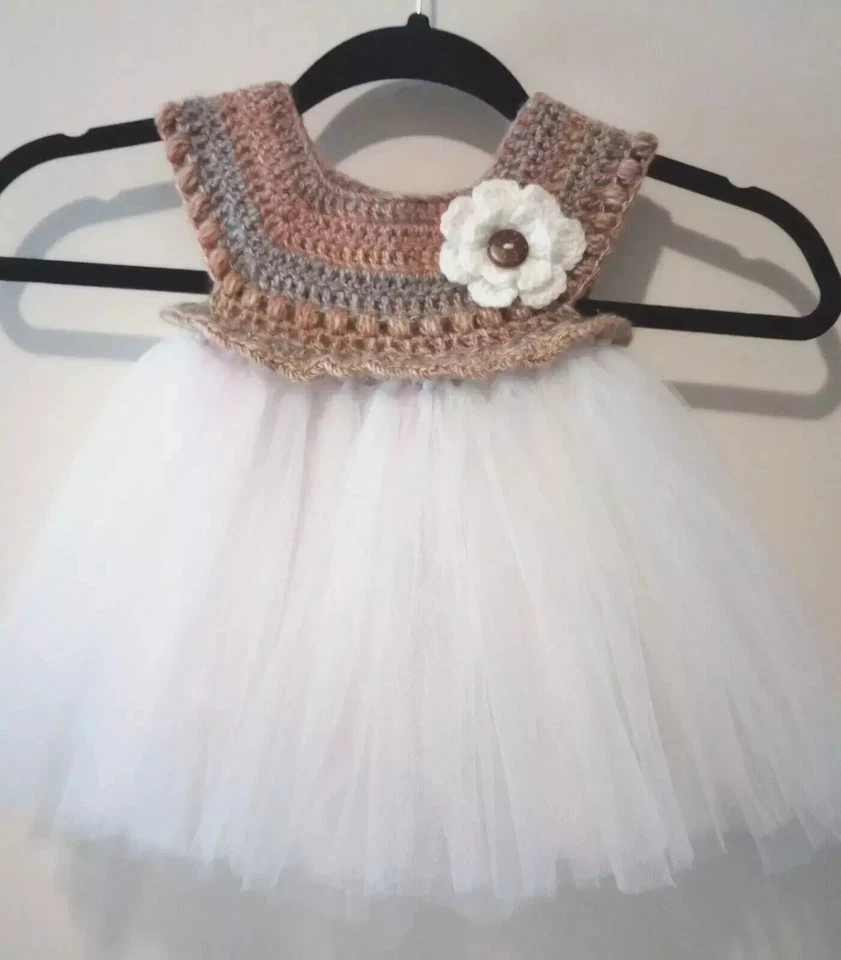 Vestido tutu de festa feito à mão crochê bebê meninas 12-18 meses colheita de tule marrom - Imagem 1 de 2