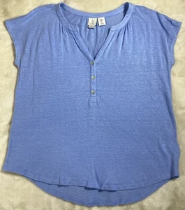 Joie Women 100% Linen T Shirt Blue Cap Sleeves Medium Minimalist Natural V Neck - Picture 1 of 7