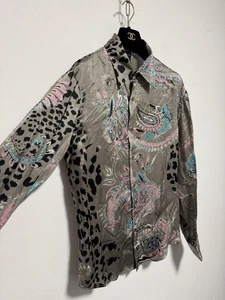 Just Cavalli Shirt Mens 50 Gray Paisley Animal Print Made Italy Long Sleeve Silk - Picture 1 of 8