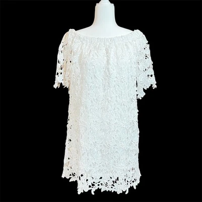 Boston Proper Dress M White Lace Overlay Eyelet Bridal Wedding Off Shoulder - Image 1 of 4