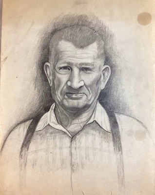 Original 1990 Retrato Viejo Con Tirantes Dibujo Lápiz Carbón 15x11 Foto 1 de 2