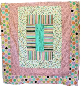 New Hand Made Novelty Crazy Quilt *Stripes & Polka Dots Chatty !*60" X 45" - Picture 1 of 8