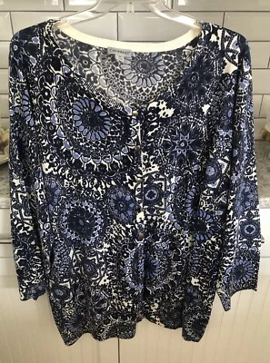 Cárdigan Catherines Botones a Presión Frontal Acrílico Nuevo con Etiquetas Azul y Marfil Floral 2X Plus Foto 1 de 4