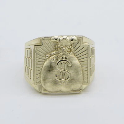 Railroad Design Money Bag Signet Ring Solid 10K Yellow Gold All Sizes - Image 1 of 4