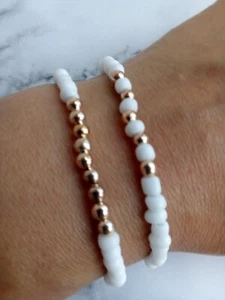 Rose Gold white bracelet SET of 2 Boho Dainty 4mm seed beaded Stretch Stacking - Picture 1 of 4