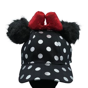 Disney Parks Minnie Silver Polka Dots Pom Pom Ear Sequin Bow Black Baseball Hat - Picture 1 of 4