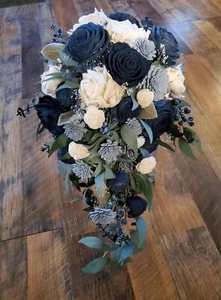 Navy Dusty Blue Bridal Bouquet Sola Wood Cascade Artificial Wedding Flowers - Picture 1 of 4