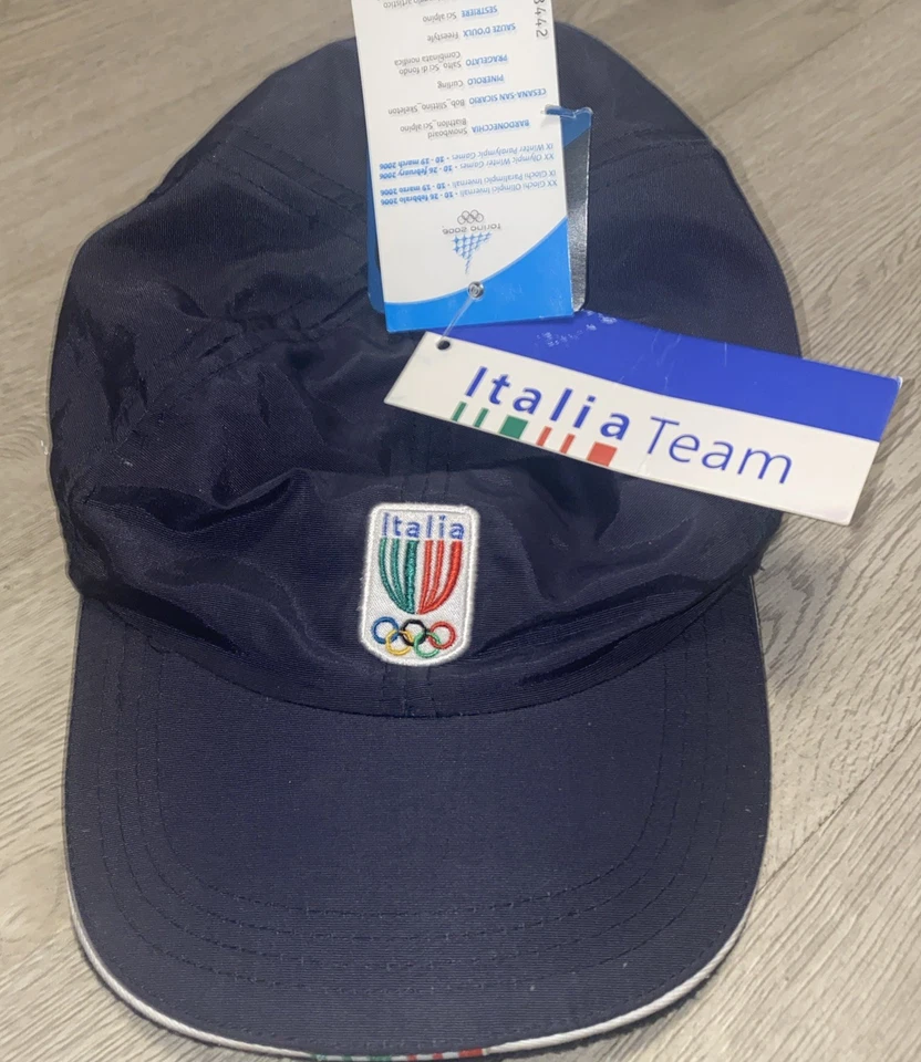 全新带标签 Italia Team Torino Olympics 5 面板帽子亚瑟士蓝色意大利帽可调节 — 第 1/4 张图片