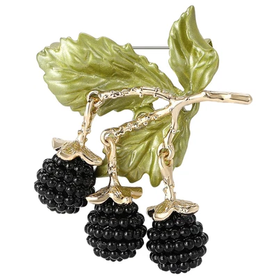 Broche prendedor vintage de fruta frambuesa - joyería esmalte dorado hoja naturaleza regalo de verano Foto 1 de 4