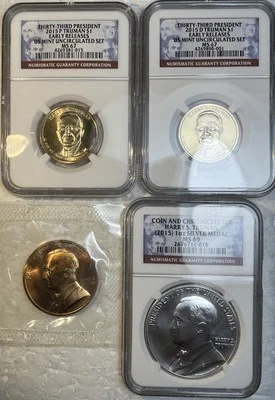 2015 P & D Truman $1 Dollar NGC MS67 & Silver MS69 Medal & Bronze 4 Coin Lot - Image 1 of 4