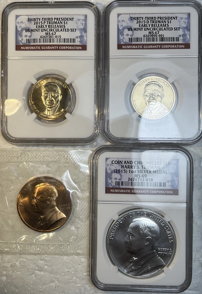 2015 P & D Truman $1 Dollar NGC MS67 & Silver MS69 Medal & Bronze 4 Coin Lot - Image 1 of 4