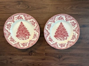 2 Johnson Brothers Old Britain Castles Pink Christmas Tree Dinner Plates - Picture 1 of 8