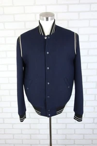 The Kooples Sport Navy Wool Leather Trim Varsity Jacket Mens L White Stripe - Picture 1 of 23