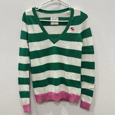 Abercrombie Fitch Juniors Y2K Vintage XL Deep V Neck Green Striped Sweater 2000s - Image 1 of 4