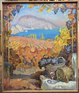 Altes ÖL Handgemälde / Traubenernte auf der Krim / Meereslandschaft signiert 1,1m = 45" - Bild 1 von 5