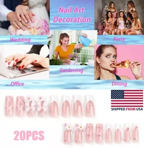 24PCS Press on Nails Medium Long Rhinestone Pink Fake Nails Square Bling Glossy - Picture 1 of 14
