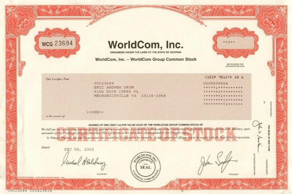 Certificado de stock WorldCom escándalo infame fraude contable Foto 1 de 1