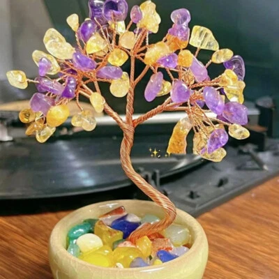 Natural Amethyst Crystal Gemstone Money Tree Good Luck Prosperity Reiki Bonsai - Image 1 of 4