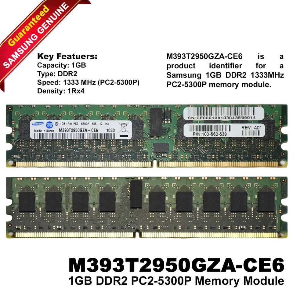 Samsung EMC 1GB DDR2 ECC Registered CL5 1Rx4 RAM Memory Module M393T2950GZA-CE6 - Image 1 of 4