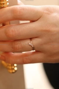 Gift For Her 14k Gold Diamond Minimalist Band Birthday Engagement Diamond Ring - Picture 1 of 7