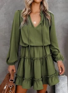 Asvivid Women Split VNeck Ruffle Mini Casual Tiered Babydoll Short Green Dress M - Picture 1 of 9