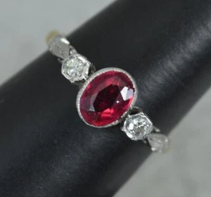 Anello trilogy edoardiano oro 18 kt e platino Syn rubino e diamanti naturali - Foto 1 di 11