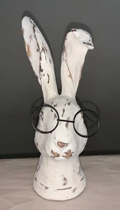 Distressed Faux Wood White Rabbit Bunny - Black Round Eye Glasses Easter Decor - Picture 1 of 8