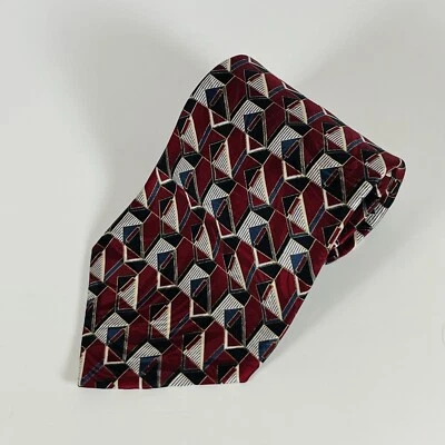 L’Atelier 100% Silk Neck Tie Burgundy/Black/Blue Geometric Abstract 3 7/8" - Image 1 of 4