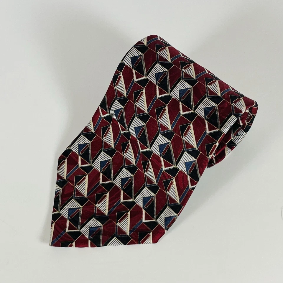 L’Atelier 100% Silk Neck Tie Burgundy/Black/Blue Geometric Abstract 3 7/8" - Image 1 of 4