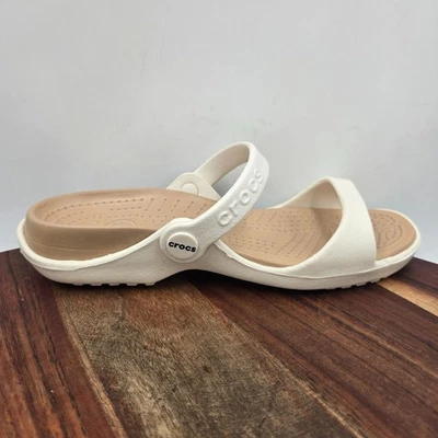 Crocs Cleo Sandals Women's 6 White Tan Comfort Double Strap Slide Slip On Pool - Image 1 of 4