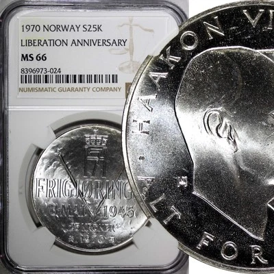 Norway Olav V Silver 1970 25 Kroner NGC MS66 Anniversary of Liberation KM#414(4) - Image 1 of 4