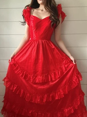 Vestido de noche formal vintage de los años 80 graduación rojo con volantes tafetán  Foto 1 de 4