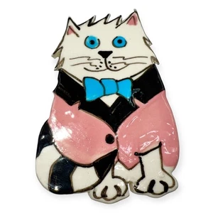 VTG KITTY CAT PINK TUXEDO JACKET LARGE CERAMIC BROOCH PIN WHIMSICAL FOLK ART MOD - Picture 1 of 12