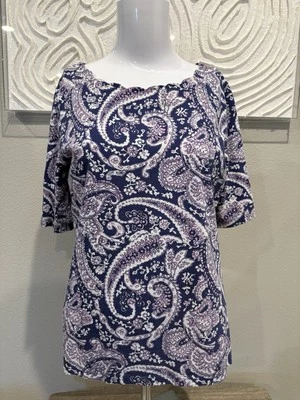 Camisa feminina Talbots tamanho M azul/rosa paisley gola recortada manga curta - Imagem 1 de 4