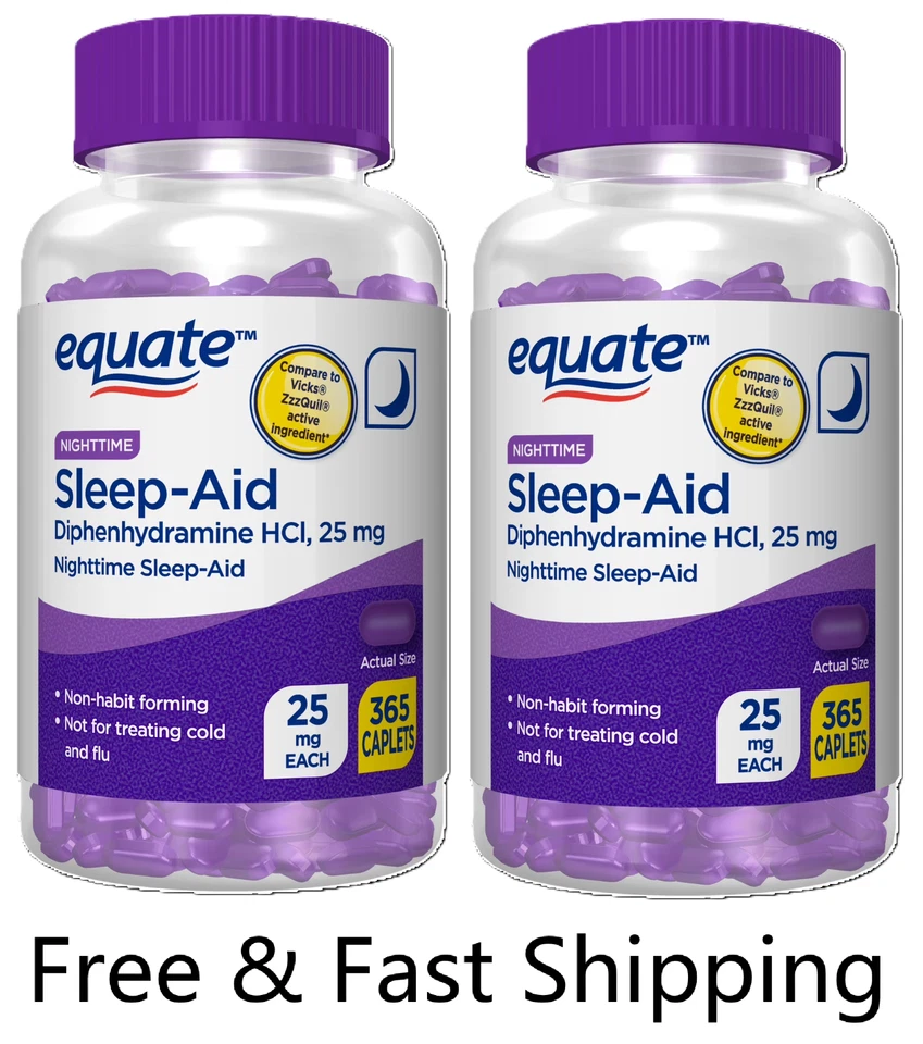2pack Equate Diphenhydramine HCI Nighttime Sleep-Aid Caplets, 25 mg, 365 Ct - Image 1 of 1
