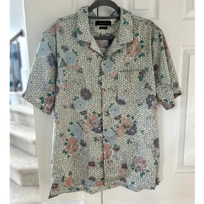 Urban Outfitters Light Blue & Pink Mosaic Floral Print Satin Camp Collar Shirt - Image 1 of 4