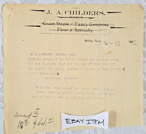 1912 BILLHEAD Mullin TEXAS J. A. CHILDERS W.I. Pricer Belton TX - Picture 1 of 1