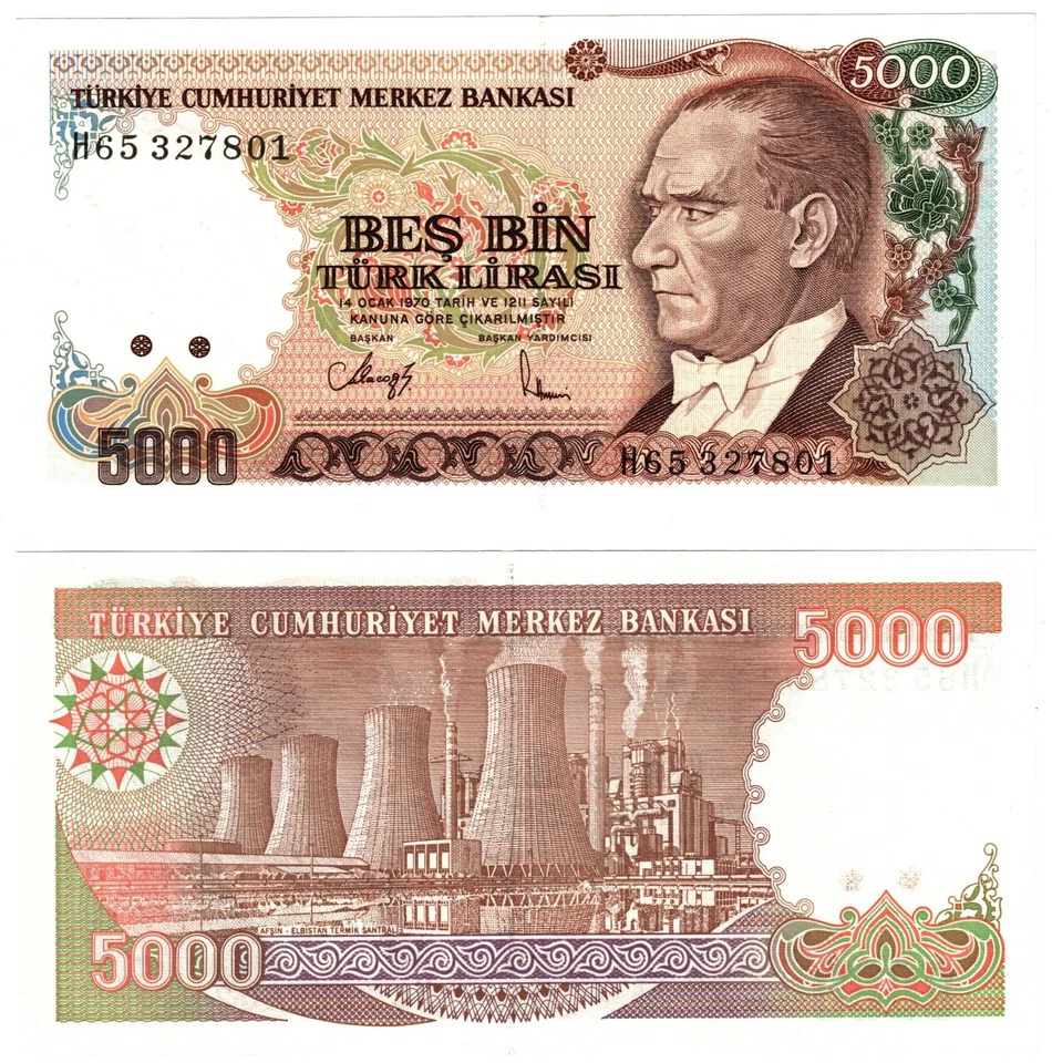 1990 Turkey Türkiye P198 5000 Turkish Lira Banknote UNC - Image 1 of 1