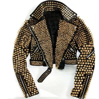 Chaqueta de cuero negra con tachuelas de metal completa Rock para hombre, dorada con tachuelas para hombre Foto 1 de 3