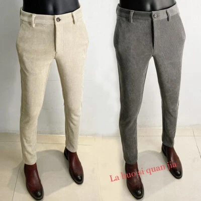 2025 Winter Mens Corduroy Slim Dress Pants Korean Business Casual Trousers Pants - Image 1 of 4