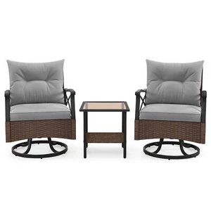 3 PCS Patio Swivel Rocker Set w/ 2-Tier Coffee Table & Cozy Seat Back Cushions - Picture 1 of 10