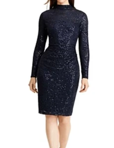 Ralph Lauren,  Sarika Navy Lace Siquined Coktail Dress 6 Long sleeves - Picture 1 of 12