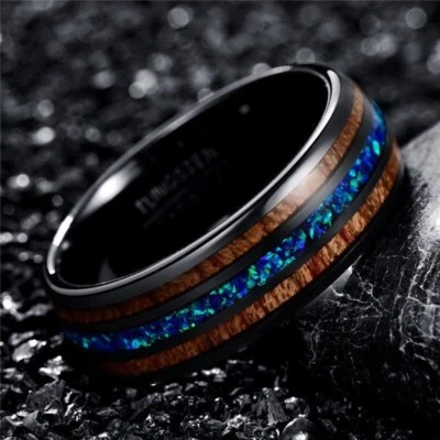 Anillo de ópalo de fuego azul para hombre, alianza de boda de tungsteno para hombre, banda de ópalo azul para hombre Foto 1 de 4