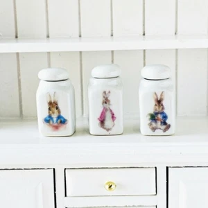 Miniature Ceramic Canister Set 1:12 Scale Peter Rabbit Bunny Dollhouse Jars 3Pc - Picture 1 of 13