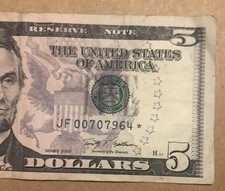 2009 $5 *star* Note Low Run S# JF 00707964 *