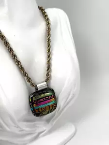 Vintage Pendant Necklace Rope Gold Silver Tone Metal Square Boho Multicolour - Picture 1 of 8