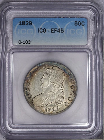 1829 Capped Bust Half Dollar 50c O-103 ICG EF45 XF45 - Flashy and Colorful! Cover